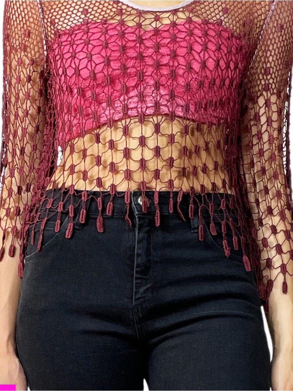 NWOT Free People Burgundy Crochet Fringe Long-Sleeve Crop Top Medium